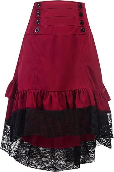 Red High-Waisted Skirt With Black Lace Trim